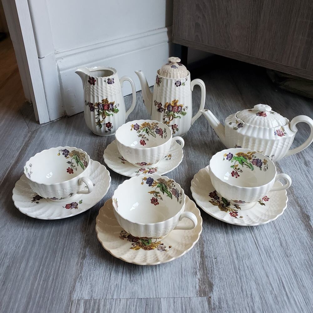Vintage Copeland Spode Wicker Lane Set 11Pcs Cups Saucers Tea Coffee Pot Pitcher